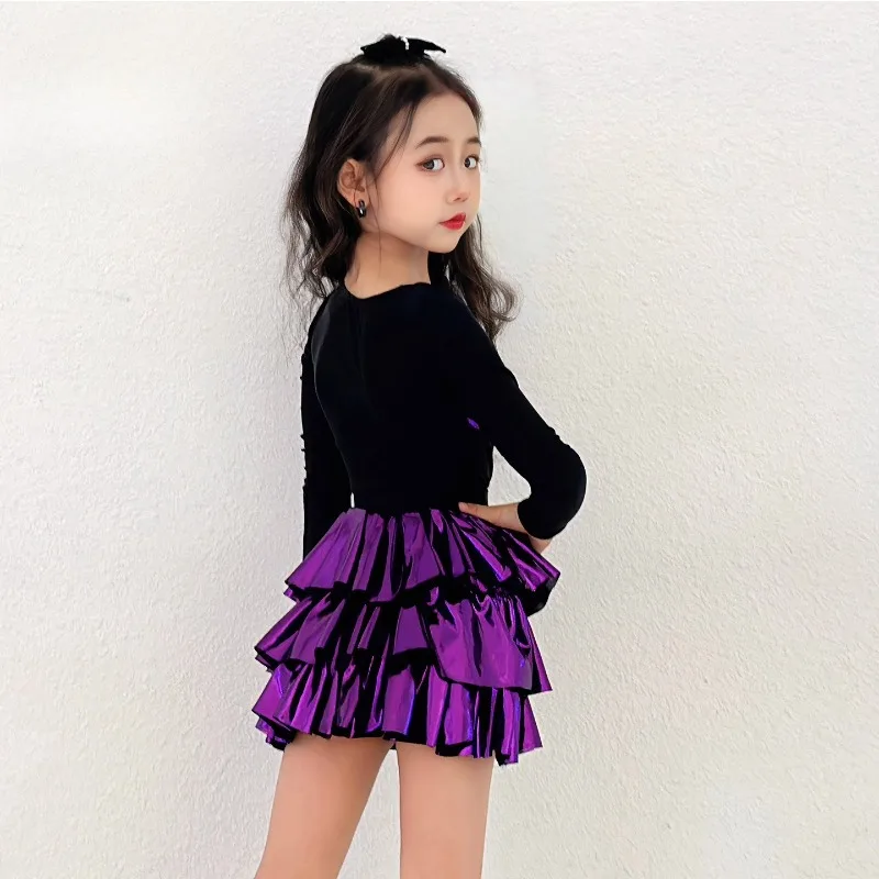 ชุดเต้นรำละตินสำหรับเด็กผู้หญิง ชุดฝึกซ้อมเด็กคุณภาพสูง รุ่นใหม่ สำหรับฤดูใบไม้ร่วงและฤดูหนาว กระโปรงแสดงสีม่วง