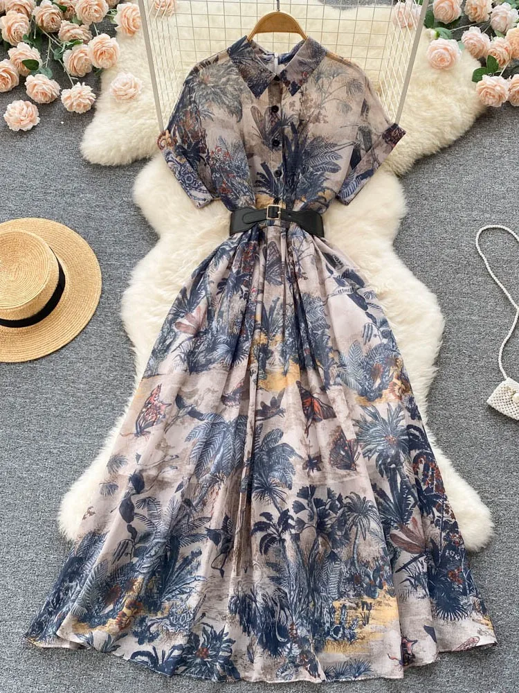 Lusumily Women Long Party Dress Summer Elegant Print Dresses Lady High Waist Retro Single Breasted Belt Vintage Long Dress