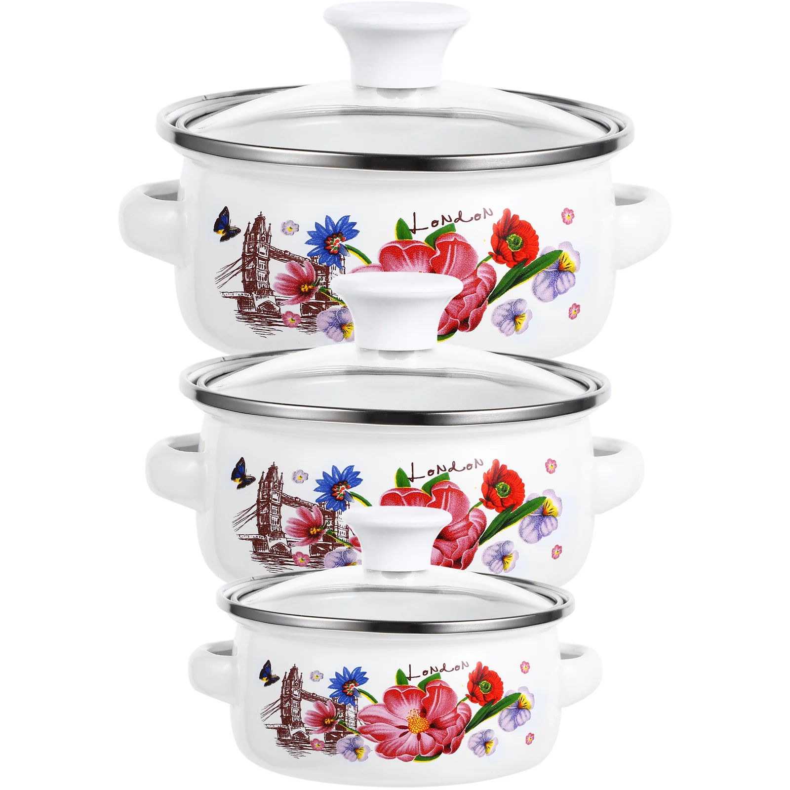 

3 Pcs Stew Pot with Lid Flower Enamel Stockpot for Stove Top Soup Handles Pan Pots Pans Cooking Kitchen