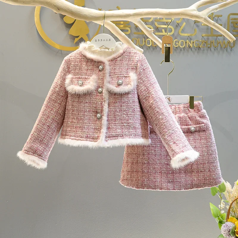 

Childrens Sets Girl Winter New Plush Thicken Woolen Fabric Loose Coat Skirt Two Pieces Simple Fashion 2025 Round Collar