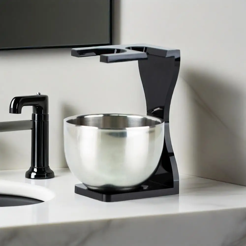 

Durable Acrylic Shaving Stand & Stainless Steel Bowl Set–Brush Holder+Soap Dish for Men's Wet Shaving & Grooming, Beard Care Kit