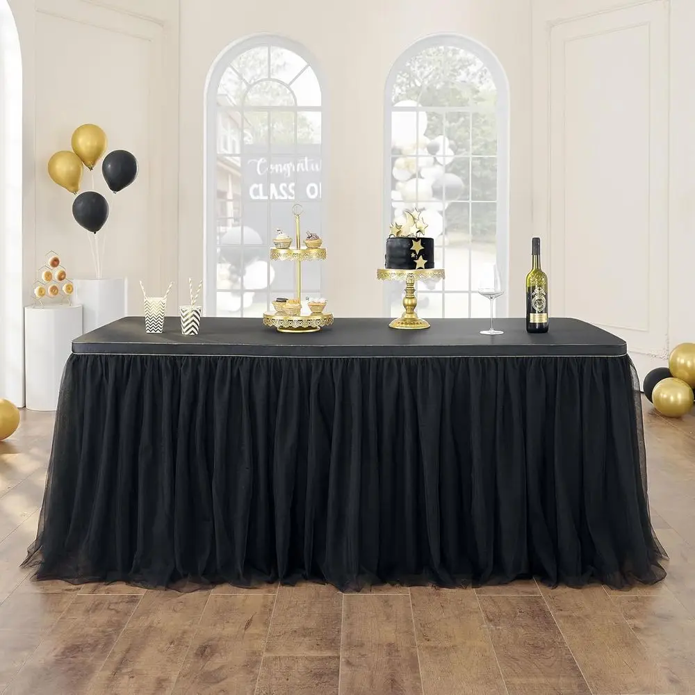 

167in Black Tulle Table Skirts or RecTables 6/8t, 2-Layer Gold Grim Rule Tulle Tutu Cloth Table Skirt 14t Long Decor Birthday Pa