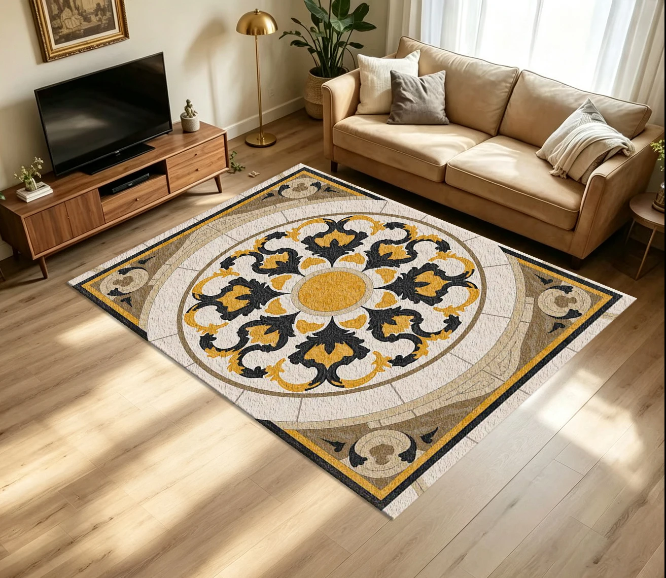 Classic Marble Medallion Carpet Flooring Yellow Black Scroll Ornamental Pattern Printed Floor Rug for Household Indoor Noble Home Decoration