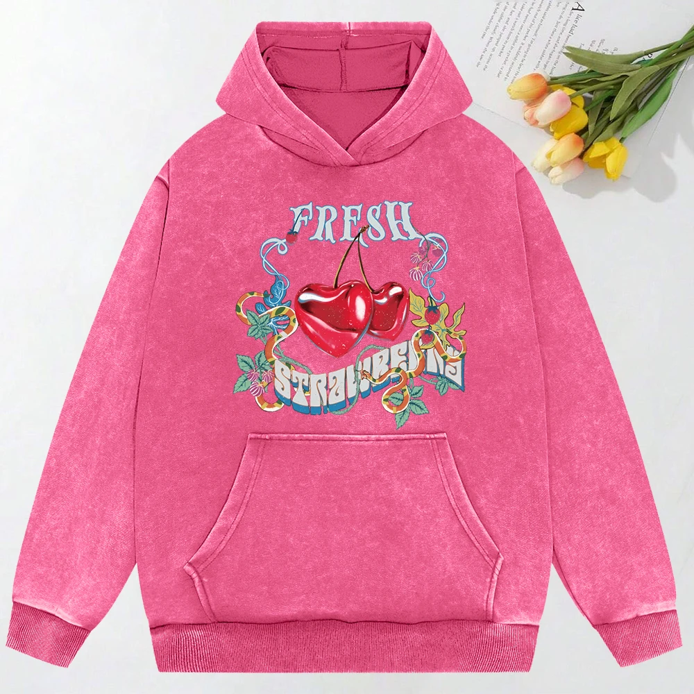 Fresh Cherry Printed Washed Hoodies Female Autumn Pocket Streetwear Loose All-Match Fashion Pullover Autumn Cotton Hoody