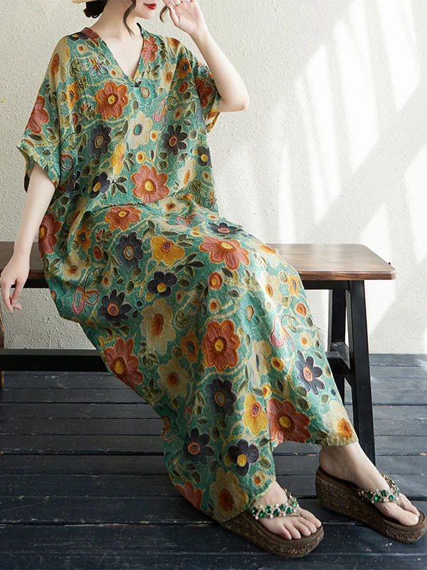 

Loose Cotton Linen Beach Dr V-Ne Long Sve Summer Casual Wear for plus Size Women Comfortable Breathable Lightweight