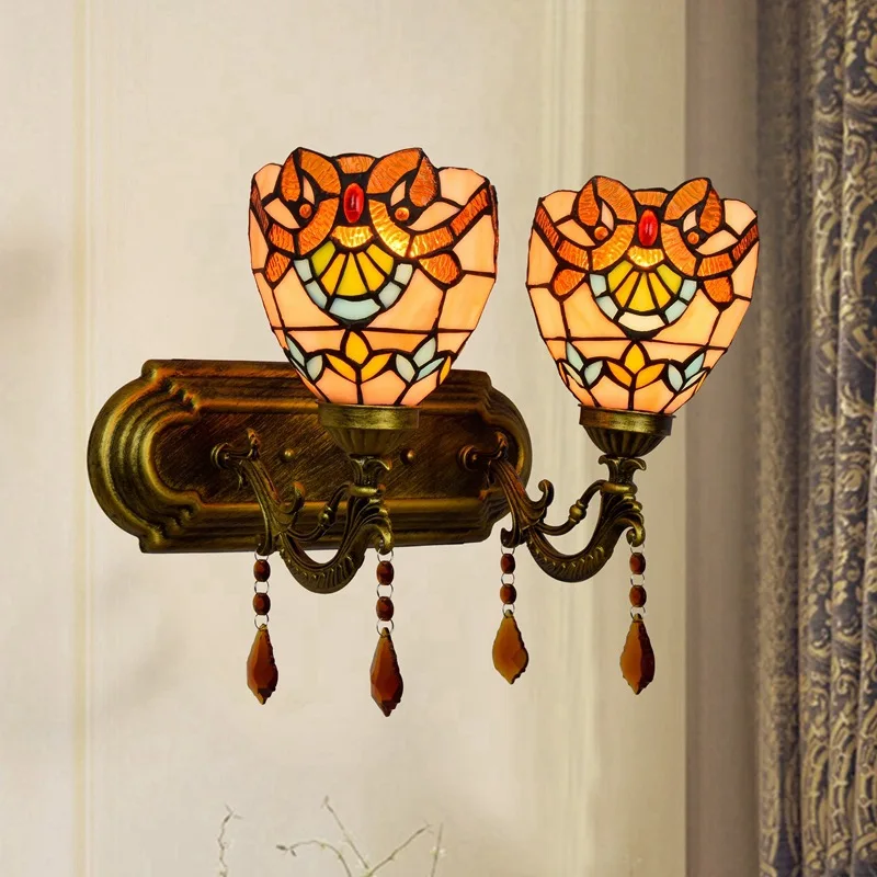 

Baroque Bedroom Bedside Stained Glass Retro Double-headed Hotel Double-headed Tiffany Crystal Wall Lamp