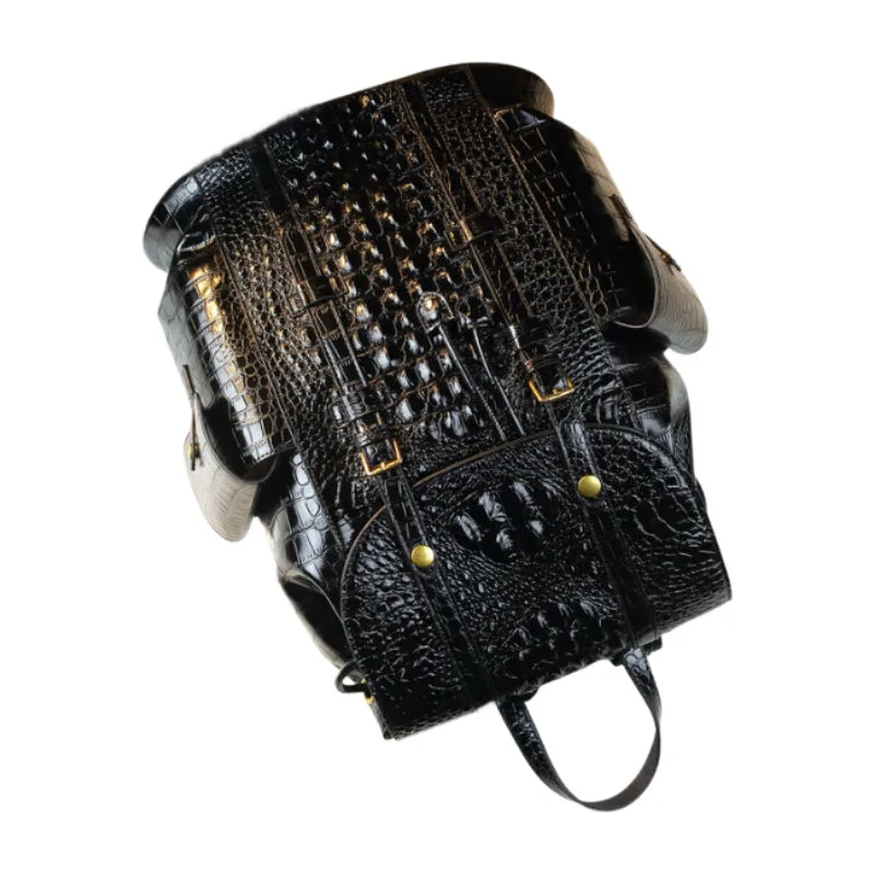 Genuine Cowhide Crocodile Pattern Travel Backpack - Unisex Large School Bag for Students & Office Workers with Anti-Theft Zipper
