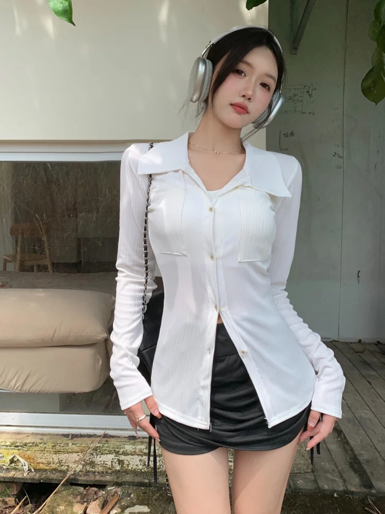 Fashion Women Shirts Button Korean All Match Streetwear Female Slim Blouse Casual White Long Sleeves Shirt Outerwear New