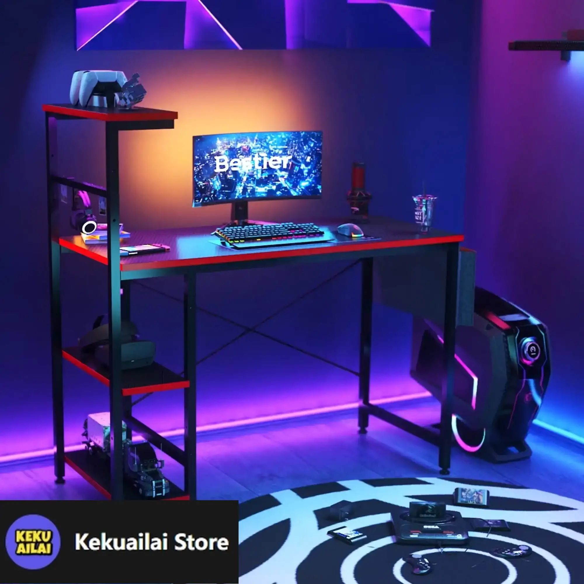 

Computer Gaming PC Desk 44 inch Gamer Table with LED Lights, Reversible 4 Tier Storage Shelves Carbon Fiber