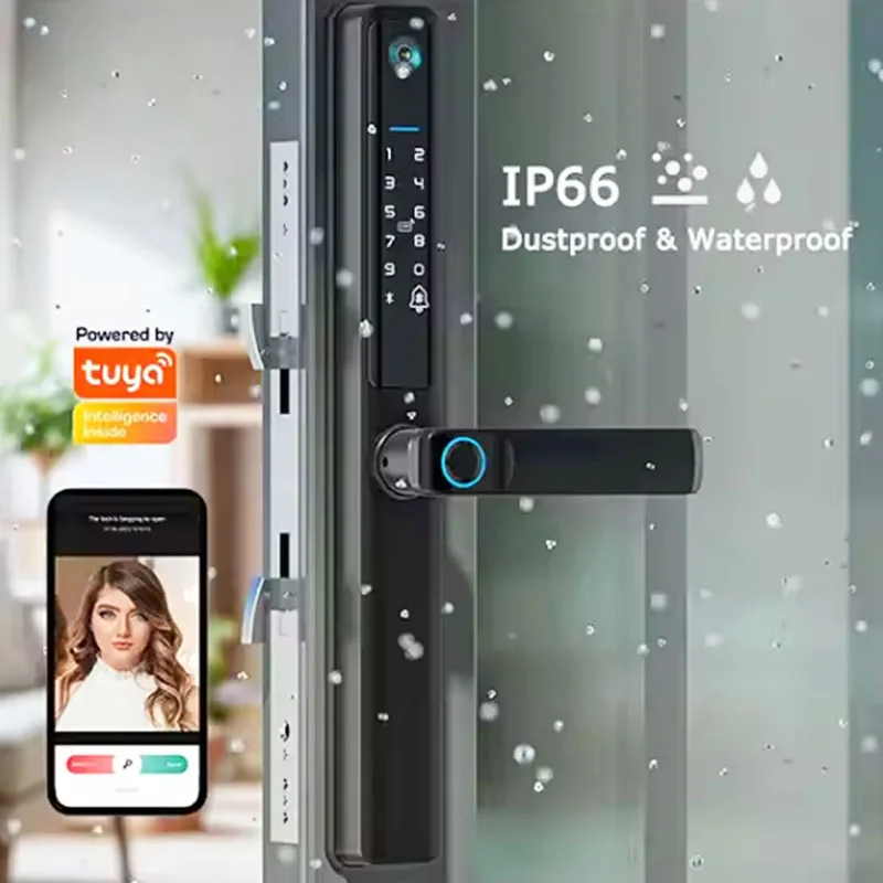 Porta de casa inteligente com impressão digital, recurso deslizante para madeira, alumínio, vidro, rede wi-fi, nuvem, câmera embutida