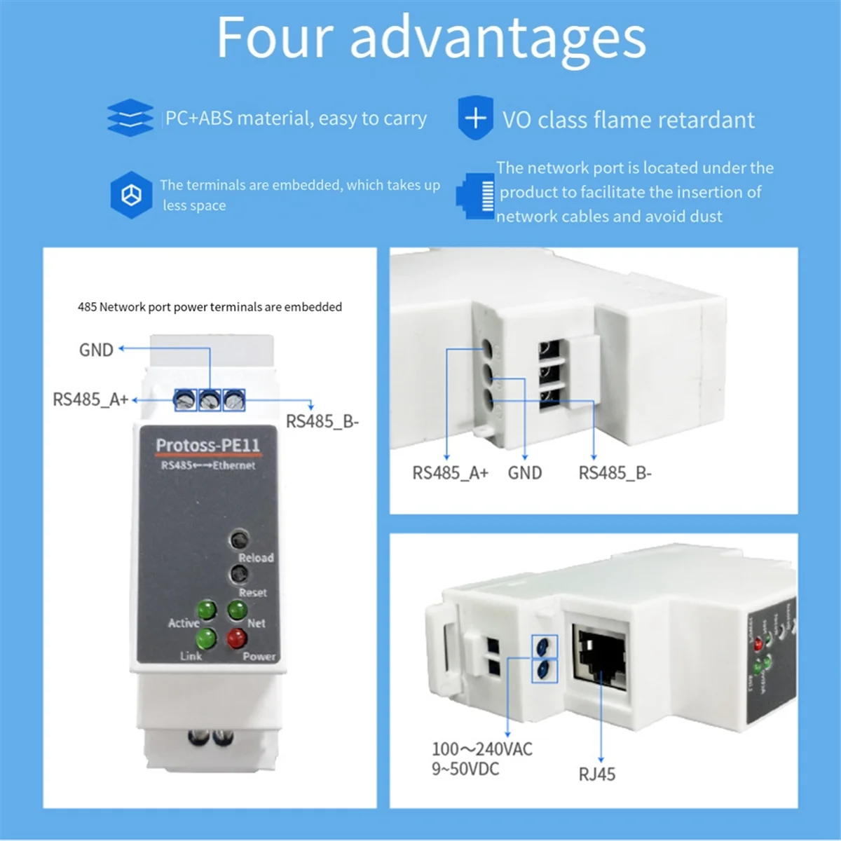 

A98TDIN-рейка Последовательный порт Преобразователь RS485 в Ethernet Сервер Protoss MQTT PE11-H Поддержка Modbus TCP RTU