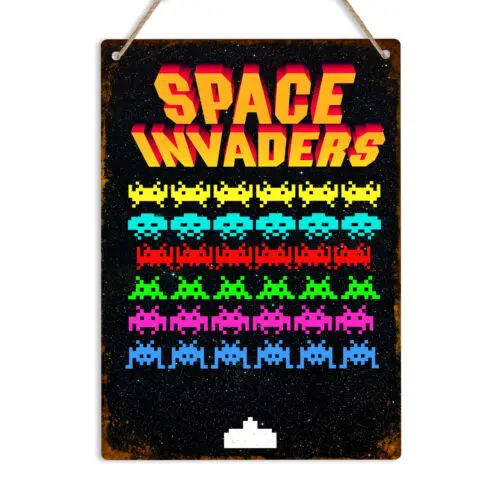 SPACE INVADERS Metal Tin Wall Sign Plaque Retro Gaming 8 Bit Arcade Mancave Shed-Aluminum