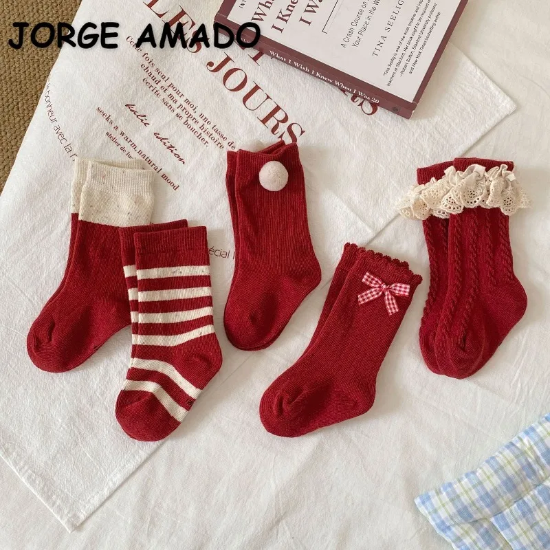 

2025 new Toddler Girls Red Socks Spring Autumn Baby Cute Bow Lace Stripe Princess Ankle Socks Kids Christmas Casual Socks B0847