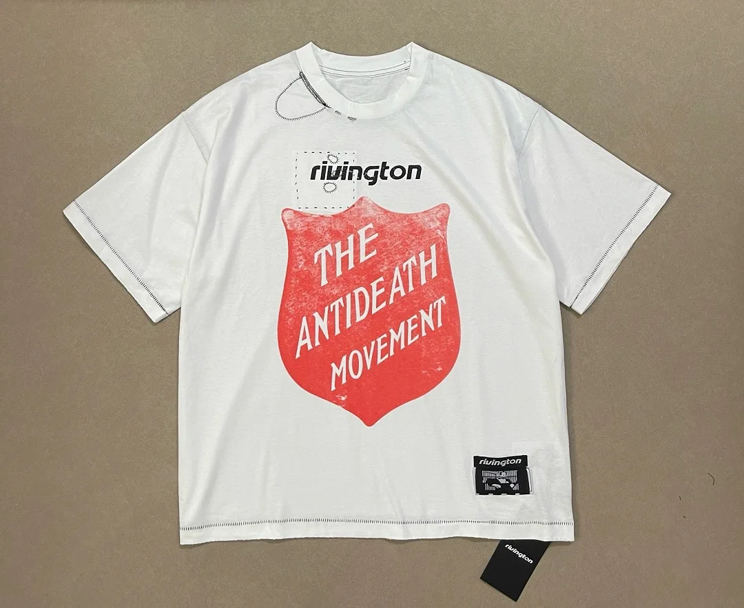 RRR123 The Antideath Movement Shield Graphic T-Shirt Men Vintage Distressed Short Sleeve Tee Oversized Cotton Streetwear Tees