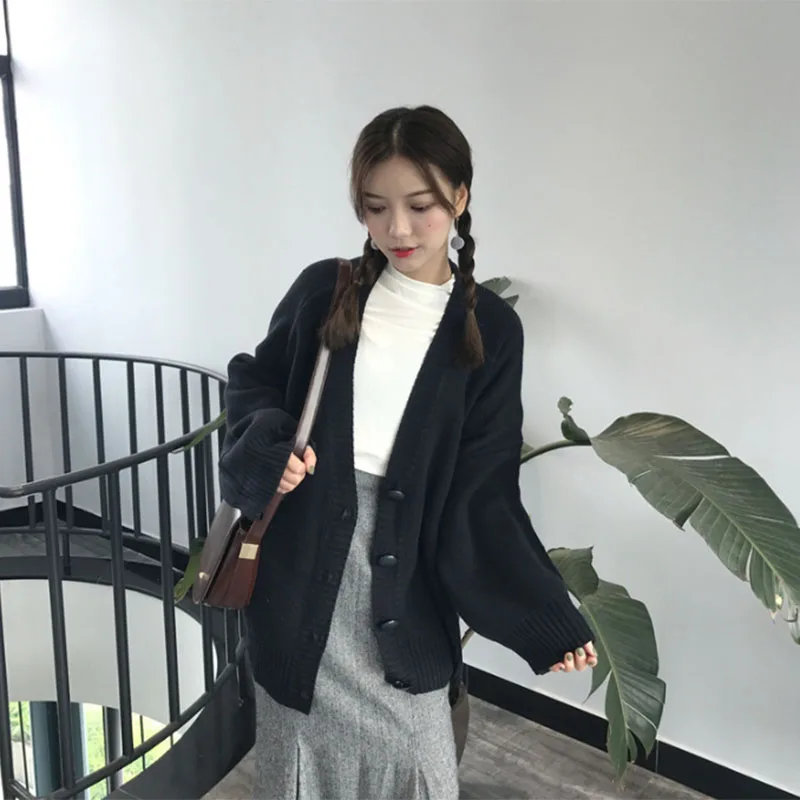 Women\'s Harajuku Oversized Knitted Cardigan Autumn Winter Thicken Warm Button Up Sweater Ladies Solid All-match Loose Knit Coat