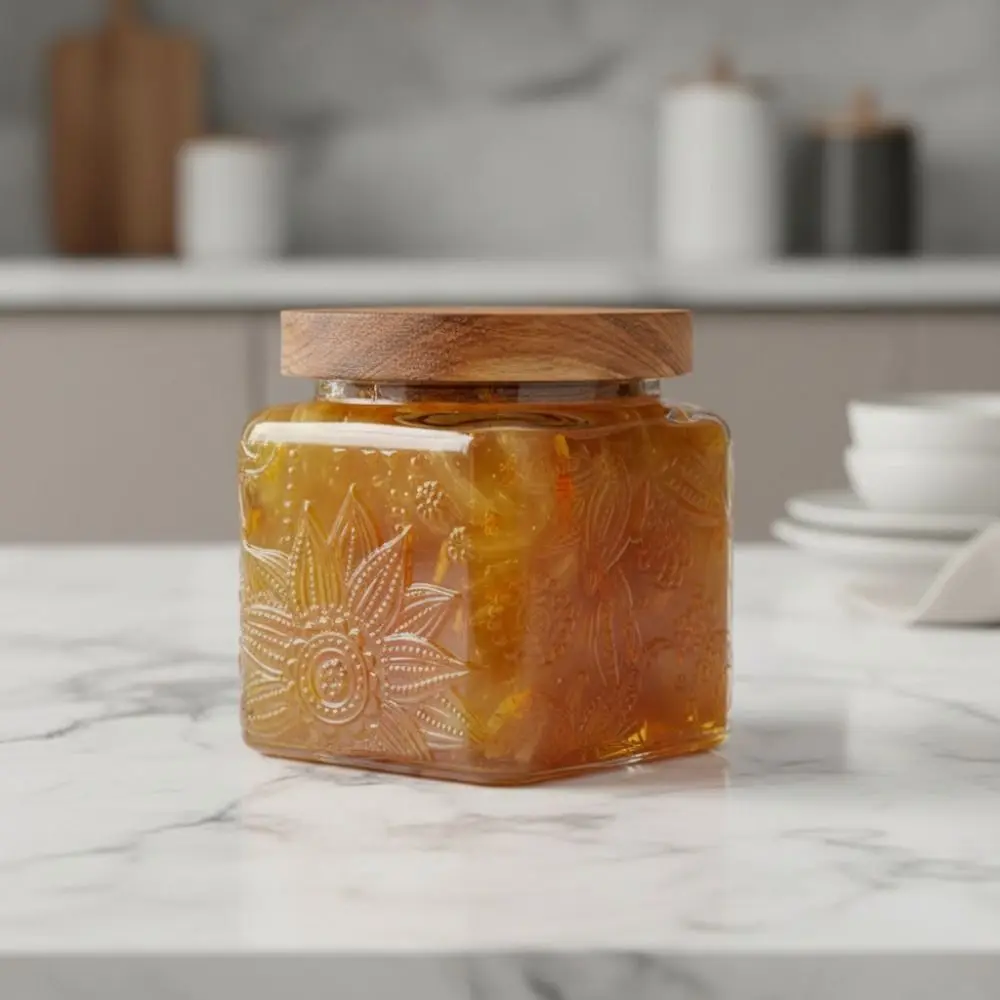 Household Vintage Embossed Glass Storage Jar Wood Lid Moisture-proof Mason Jar Transparent Thickened Kitchen Glass Bottle Candy