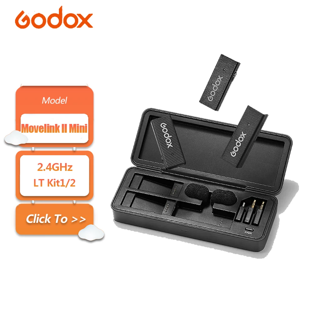 Godox Movelink Mini LT Kit 2.4GHz Wireless Microphone System with Charging Case 100m Transmitting Range for Vlog Shooting