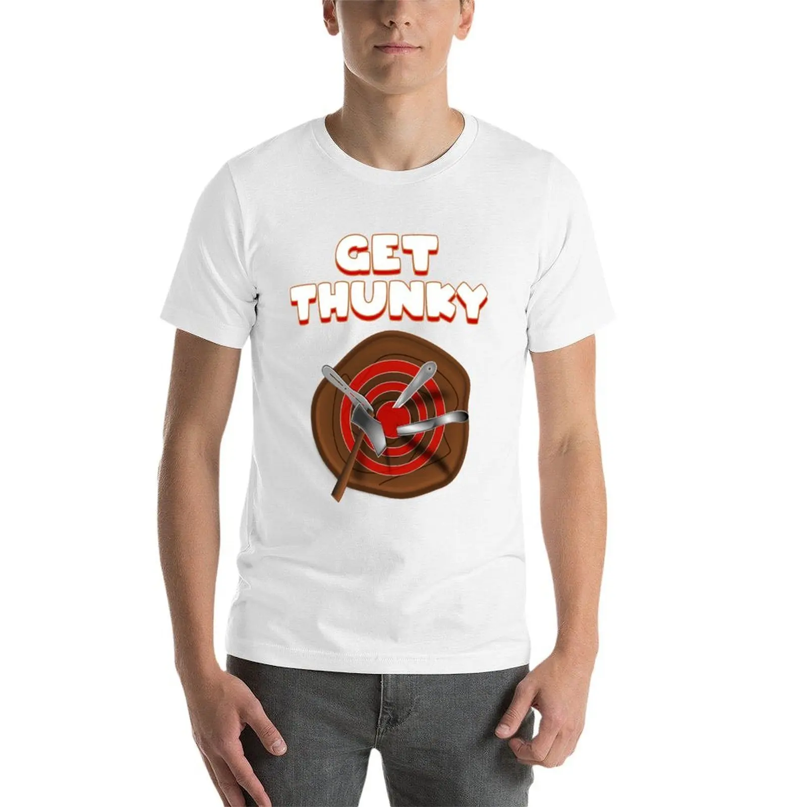 Get Thunky throwing stump throwing knives and axe T-Shirt Basic Solid Tee for Daily Use view 3