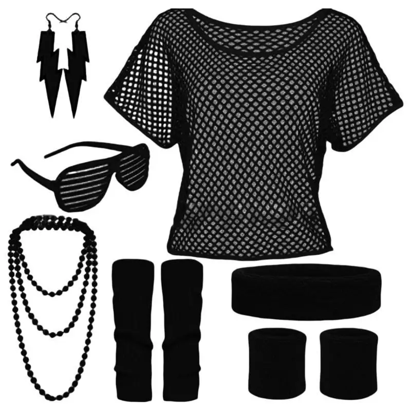

652F 80s Costume Accessories for Women,Fancy Dress Headband Earrings Gloves Necklace for 80s Retro Party Cosplay