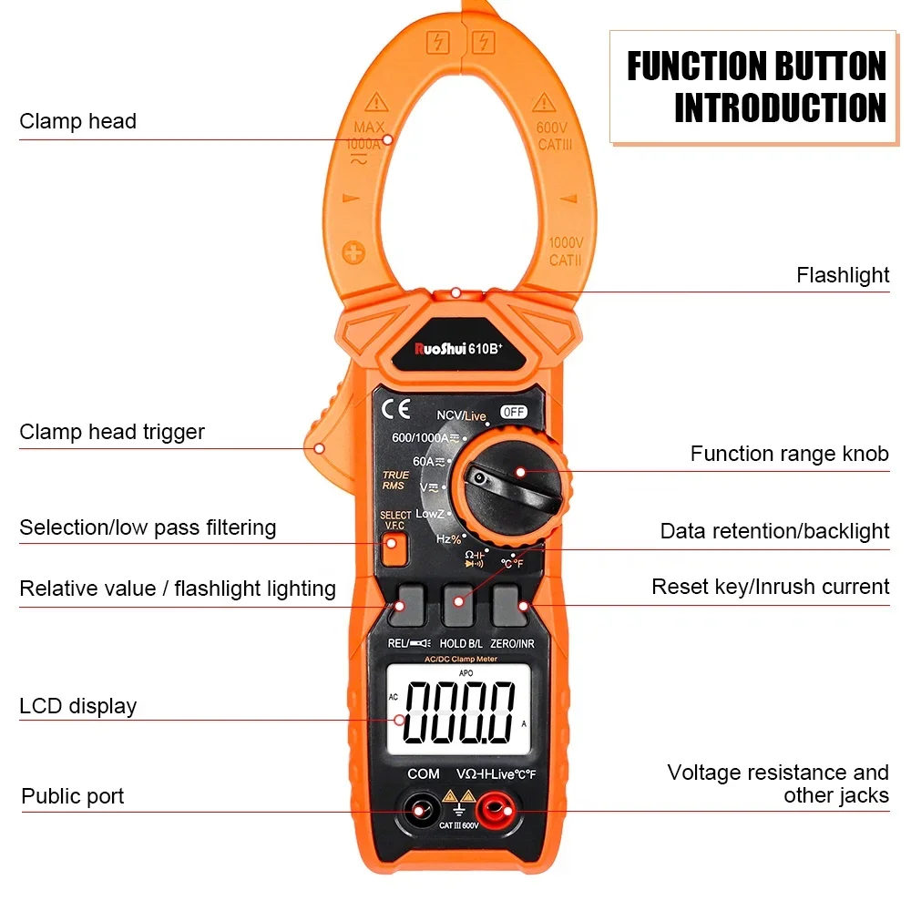 RUOSHUI 610B+ RTS 1000V 1000A AC/DC Digital Clamp Multimeter 5999 counts VFC True RMS NCV digital multimeter clamp Meters