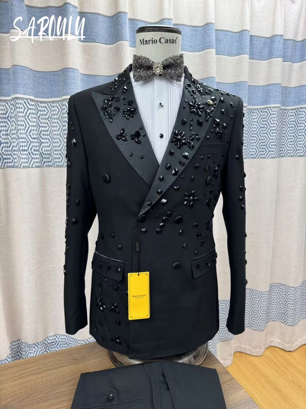 Black Heavy Beaded Luxurious Men's Suit Tuxedo Celebrity Popular Groom Wear Decent Jacket Vest Pants Set Hot Sale In Stock
