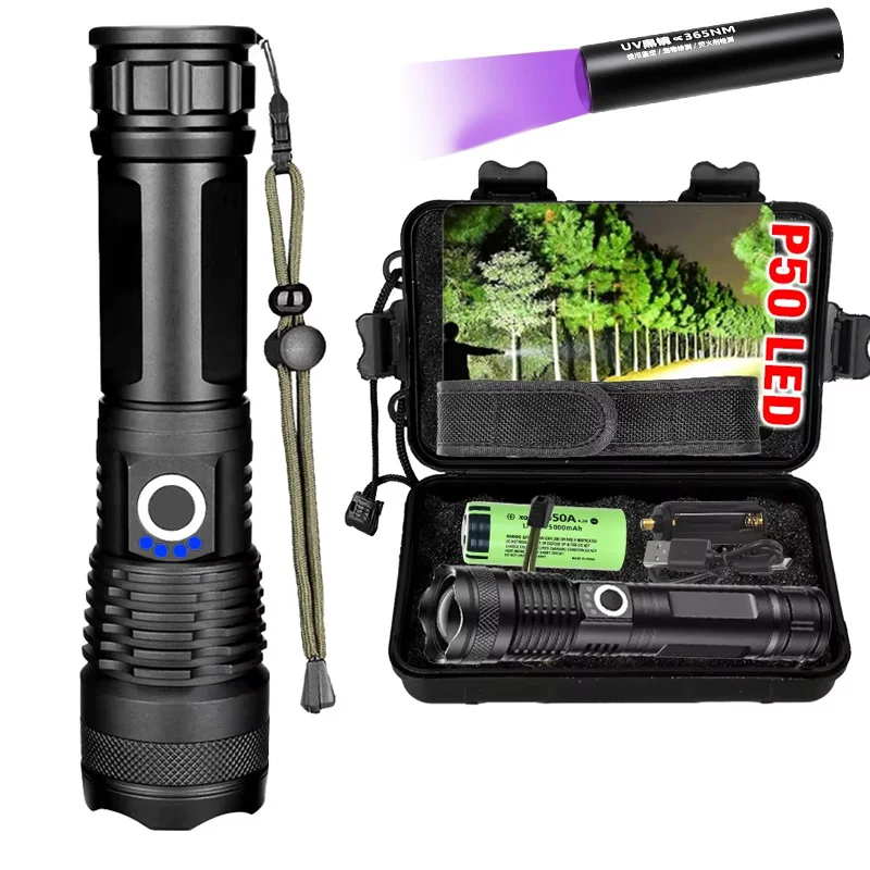 Linterna LED de alta potencia recargable: antorcha de largo alcance con zoom telescópico, linterna de autodefensa brillante para uso en exteriores