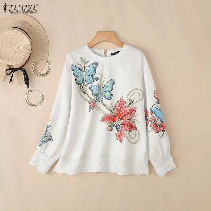 ZANZEA Women Print Blouse Vintage Long Lantern Sleeve Tops Casual Round Neck Loose Tunics Elegant Shirts