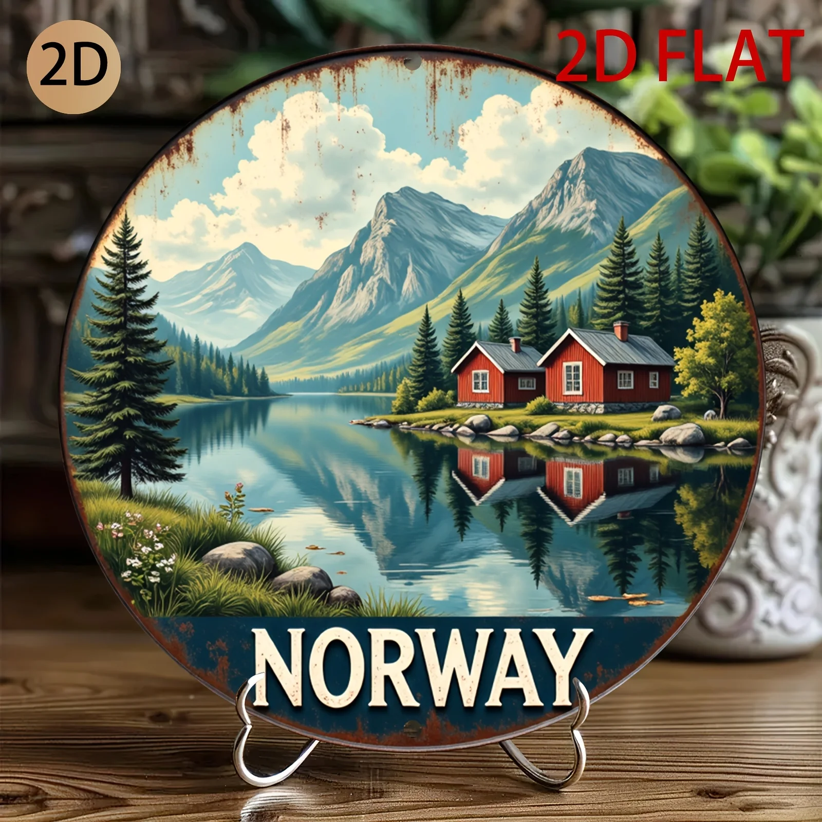 2D plane Circular rust effect Norway landscape tin sign  metal design scenic wall art suitable for home cabin or travel themed d