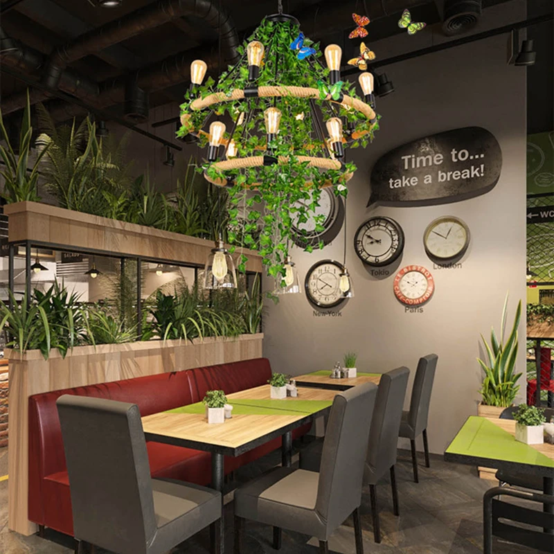 Multi Heads Simulation Green Leaf Chandelier For Bar Milk Tea Shop  Corridor Lighting Decoration Lamp Factory Dropship Store