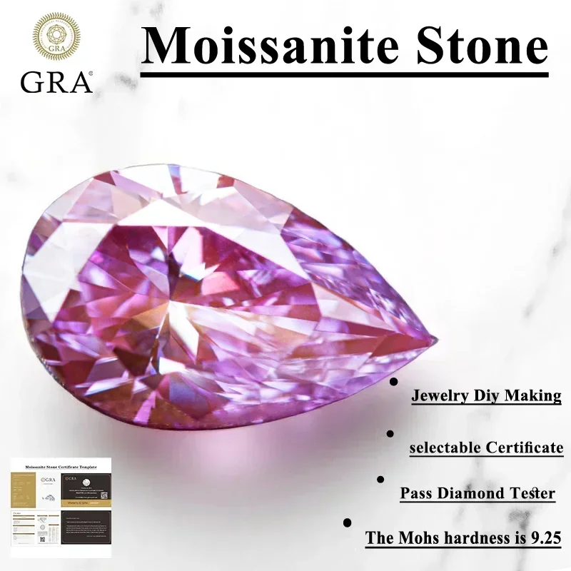 

Moissanite Stone Pear Shape Pink Color with GRA Certificate for Jewelry DIY, Hardness 9.25, Pass Diamond Tester