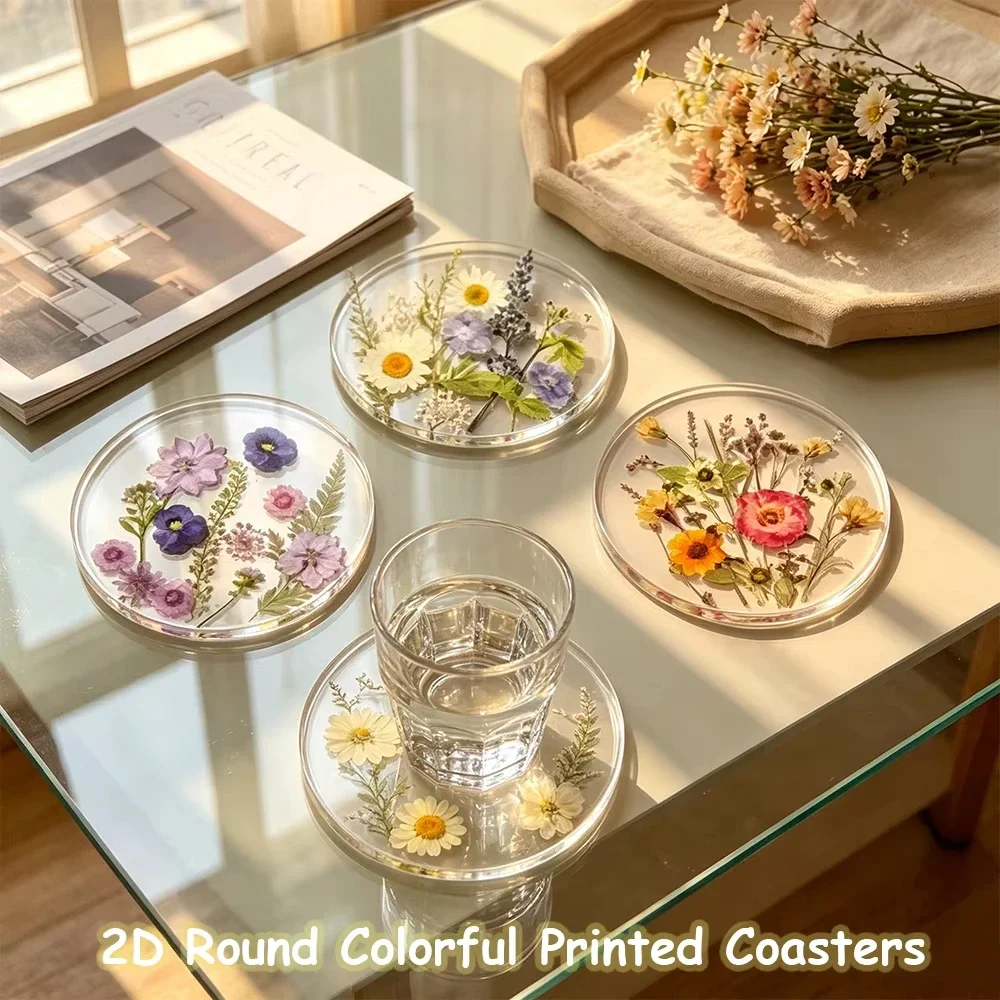 4PCS 2D Round Colorful Printed Coasters Clear Round Floral Acrylic Cup Coaster Home Table Decor Home Wedding Gift