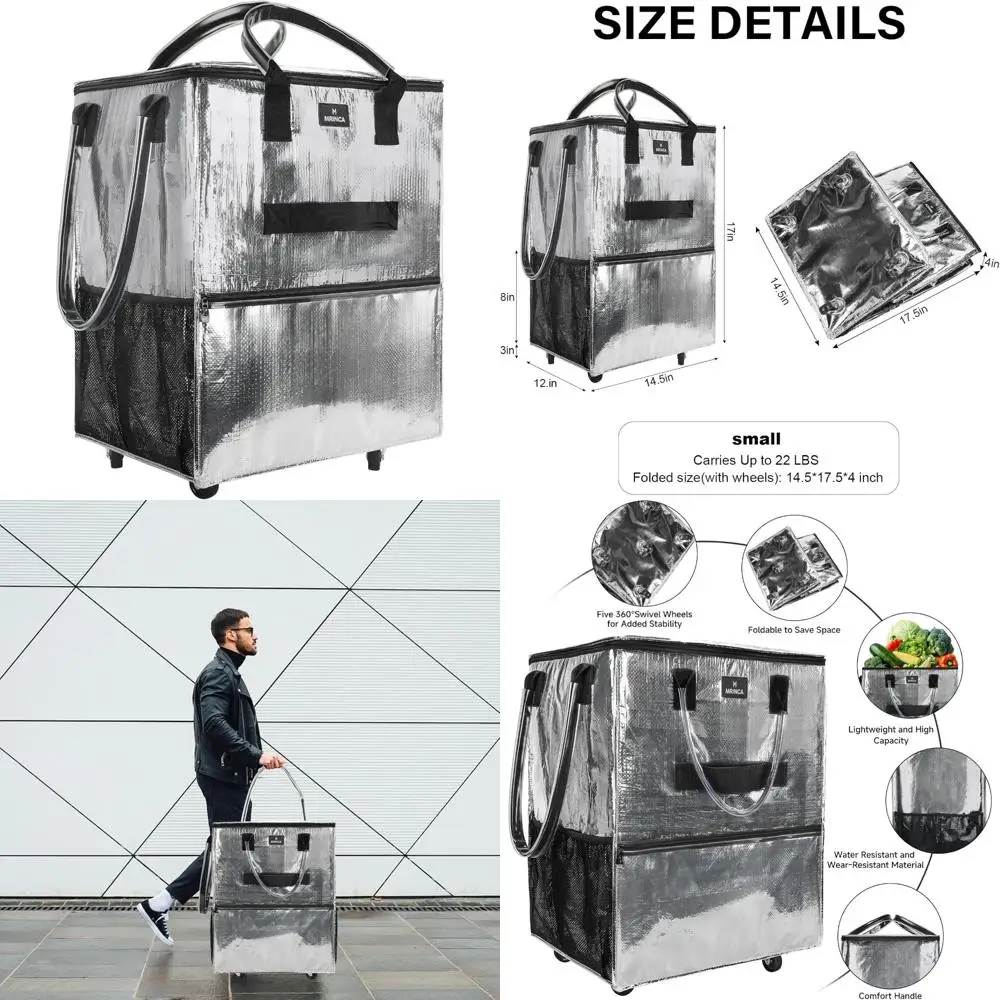 

Heavy-Duty Foldable Rolling Tote Bag for Grocery Shopping - Lightweight, Large Capacity, Zippered Top, Easy Transport