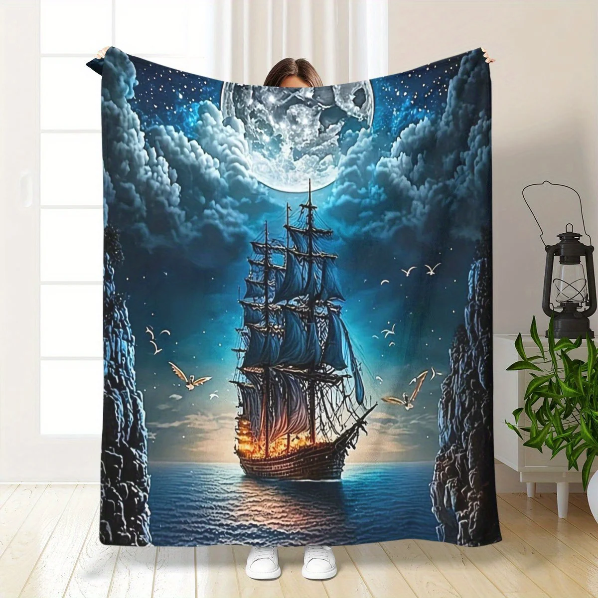 Moonlight Sailing Ship Blanket Fantasy Ocean Seascape Throw Soft Flannel Fleece Bedding Sofa Cover Warm Plush Blanket Home Decor