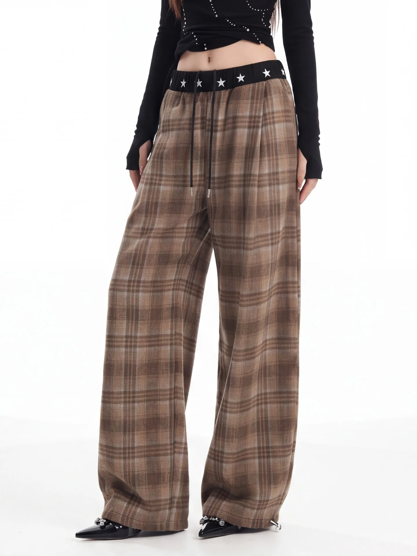 Ant American Style Street Check Wide Leg Pants Women Casual Loose Drapey Retro Check Long Trousers Trendy Brand Skinnies