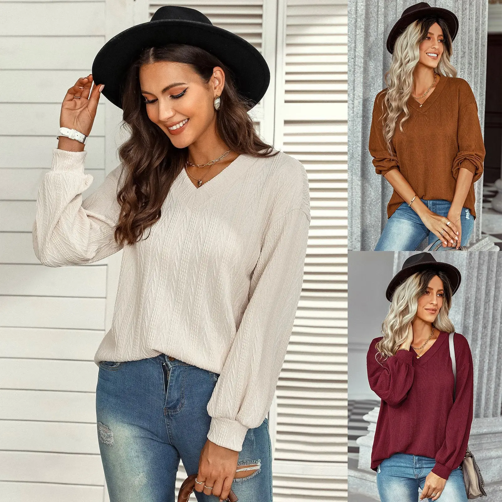 

Новые тонкие топы, женская мода, Жаккардовый трикотажный тренд с V-образным вырезом