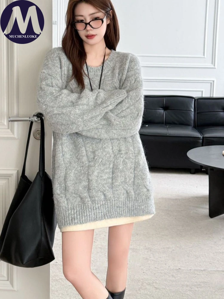 

Свитер для женщин, осень, новинка зимы, элегантный корейский модный вязаный свитер с круглым вырезом, повседневные свободные толстые теплые пуловеры в ленивом стиле