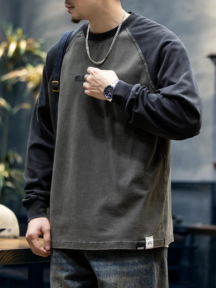 Loose Fit American Style Long Sleeve Cotton T-Shirt Men's Vintage Shoulder Insertion Bottoming Shirt Trendy Spring Autumn
