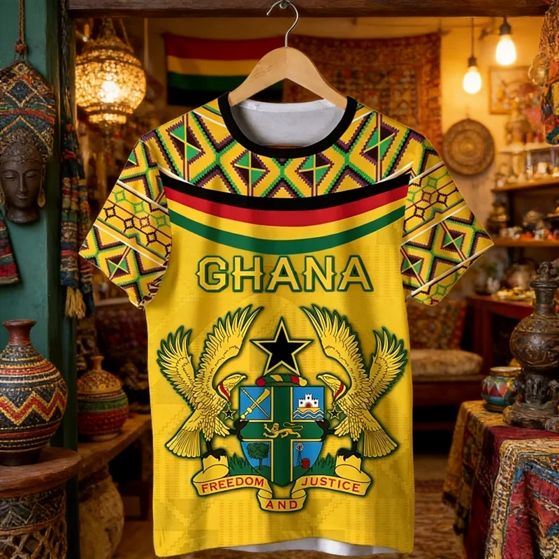 

2026 Ghana Flag Pattern T-shirt Fashion Ghana Emblem Printed Parent Child T-shirt Daily Dashiki Gym Sportswear Top Clothing