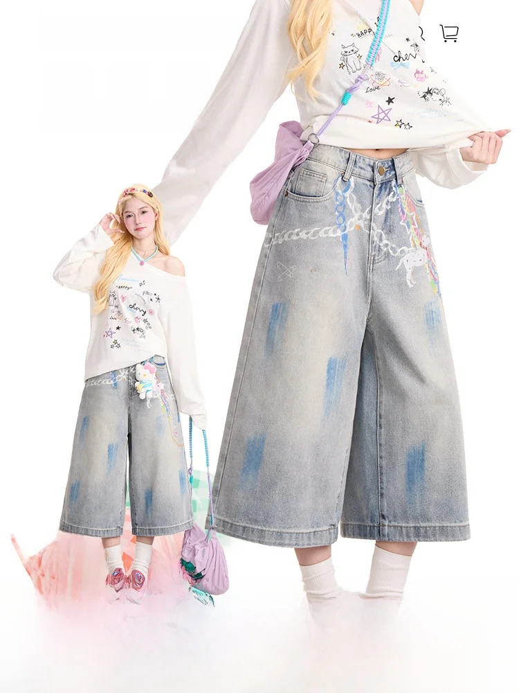 

Hand-Drawn Chain Print Seven-Foot Women's Jeans Casual High Waist Wide Leg Short Pants Summer Blue Color Neresum Brand