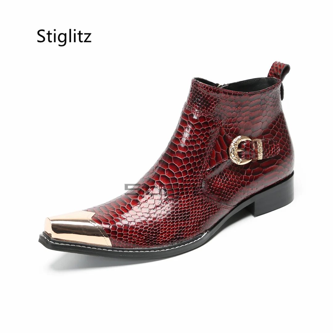 

Metal Buckle Burgundy Chelsea Boots for Men Snake Pattern Pointed Toe Patent Leather Wedding Shoes Bridegroom Ankle Boots