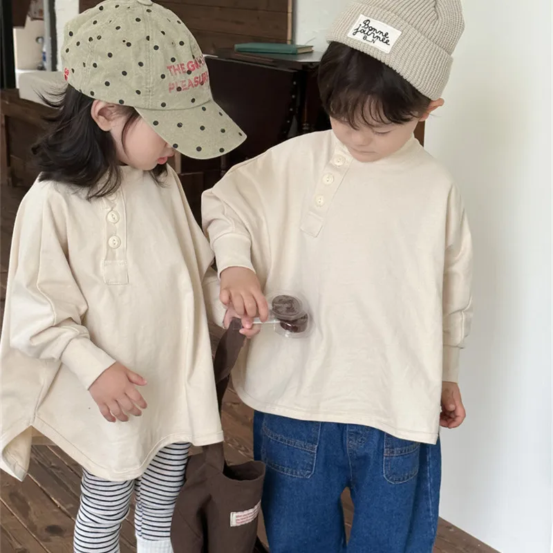 2024 Spring New Boys and girls solid color Slanted button Sweatshirt japanese style children cotton loose T shirts Tops