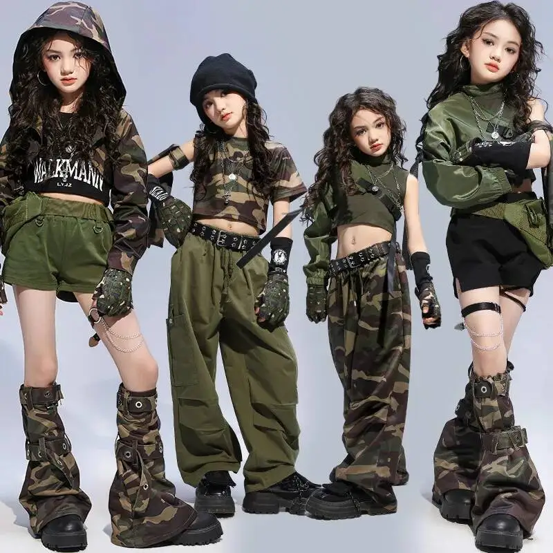 Girls Kpop Hip Hop Clothing Camo Crop Top Pants Jazz Dance Costume Green Tank Top Shorts Street Dance Sets Stage Wear Clothes