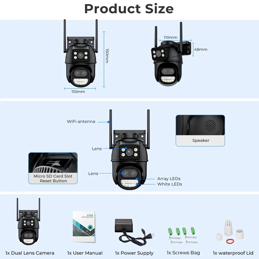 Imagem -02 - Câmera Câmera ip Wifi Externa ip ao ar Livre 8x Zoom Dual Screen Câmera Wifi Externa 6mp Segurança Ptz Cam Auto Tracking Vigilância Icsee Webcam Ptz 6k 9mp hd