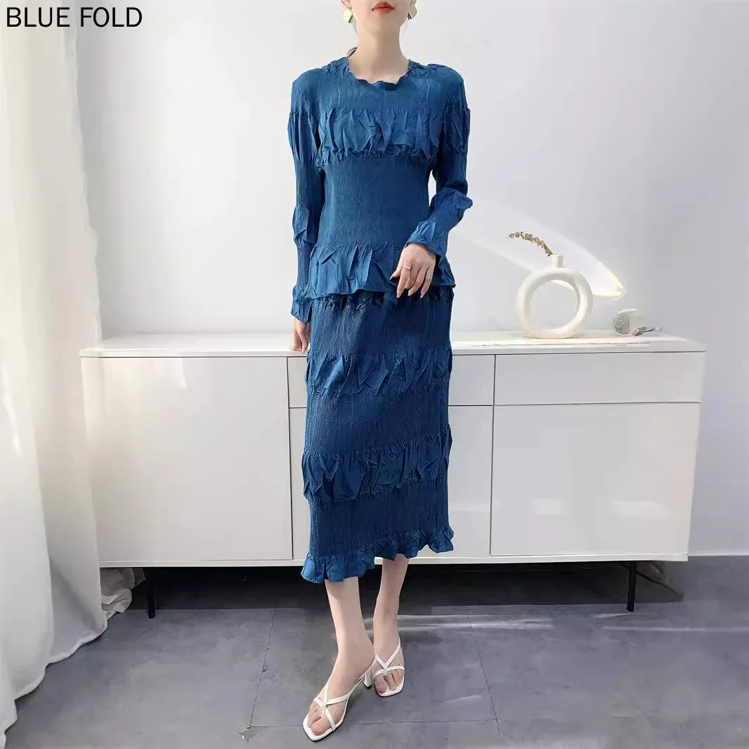 MIYAKE Spring and Autumn Embroidery Suit Women's Heavy Embroidery Splicing Comfortable Casual Temperament Commuter Top + Skirt