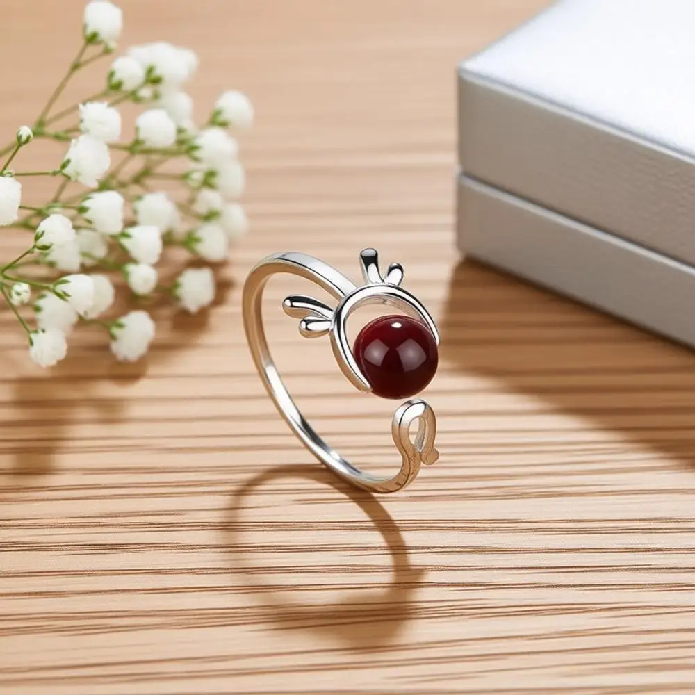 Charming 925 Sterling Silver Antler Design Garnet Open Adjustable Rings for Women Girls Anniversary Party Fashion Jewelry Gifts