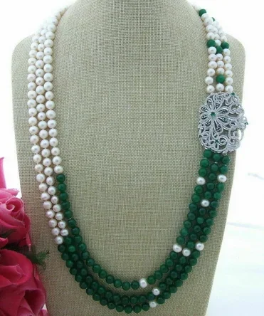 

30"-33" White Round 8-9MM freshwater Pearl Green 8MM Jade Necklace Zircon Pendant