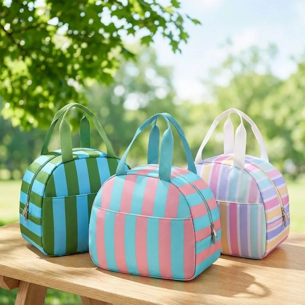 Multi-Purpose Striped Insulated Lunch Bag Leakproof Reusable Food Thermal Box Handheld Large Capacity Food Tote Bag Outdoor