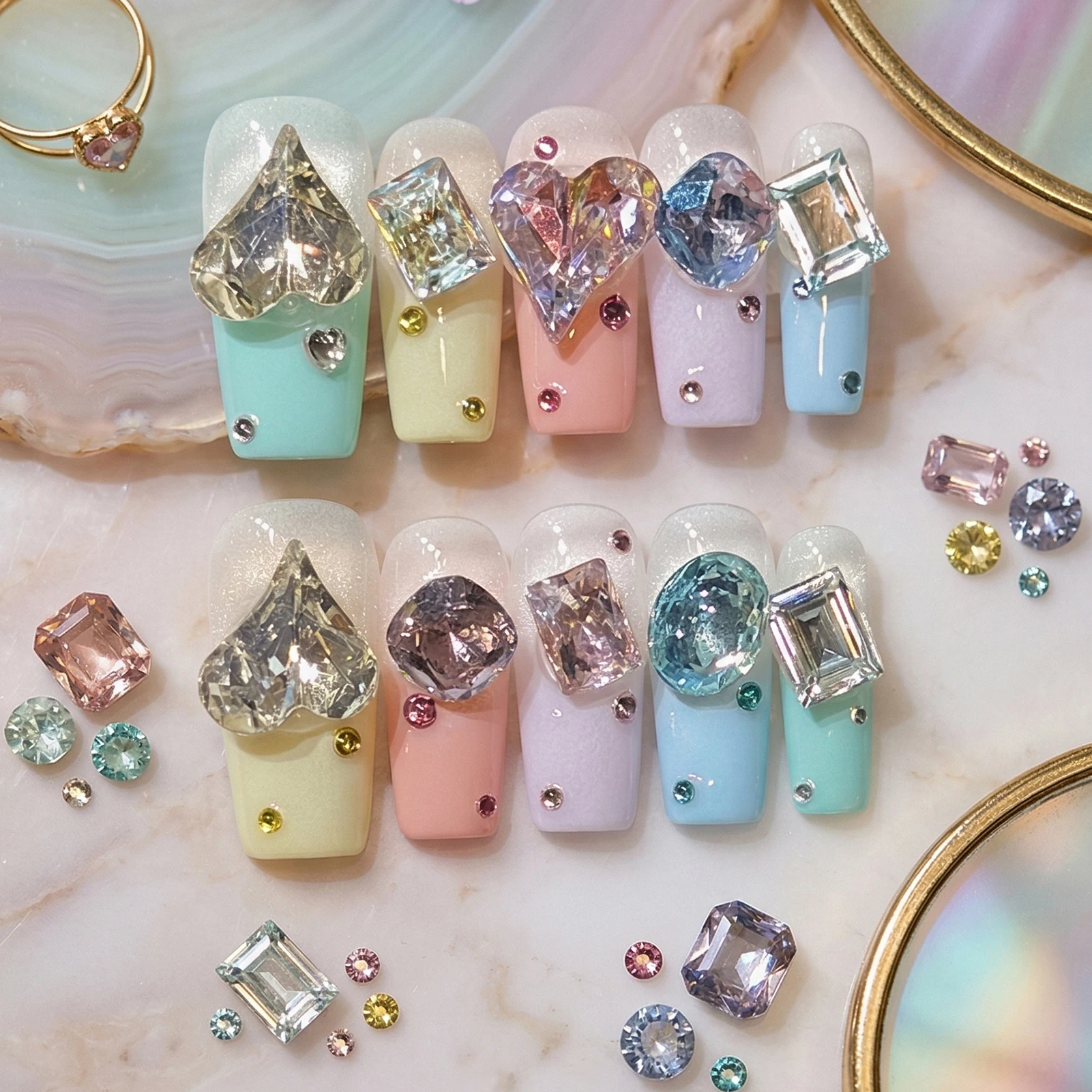 10pcs Macaron French Style Press On Nails Handmade Glitter Love Heart Shape Diamond Decor False Nails Sweet Girls Fake Nail