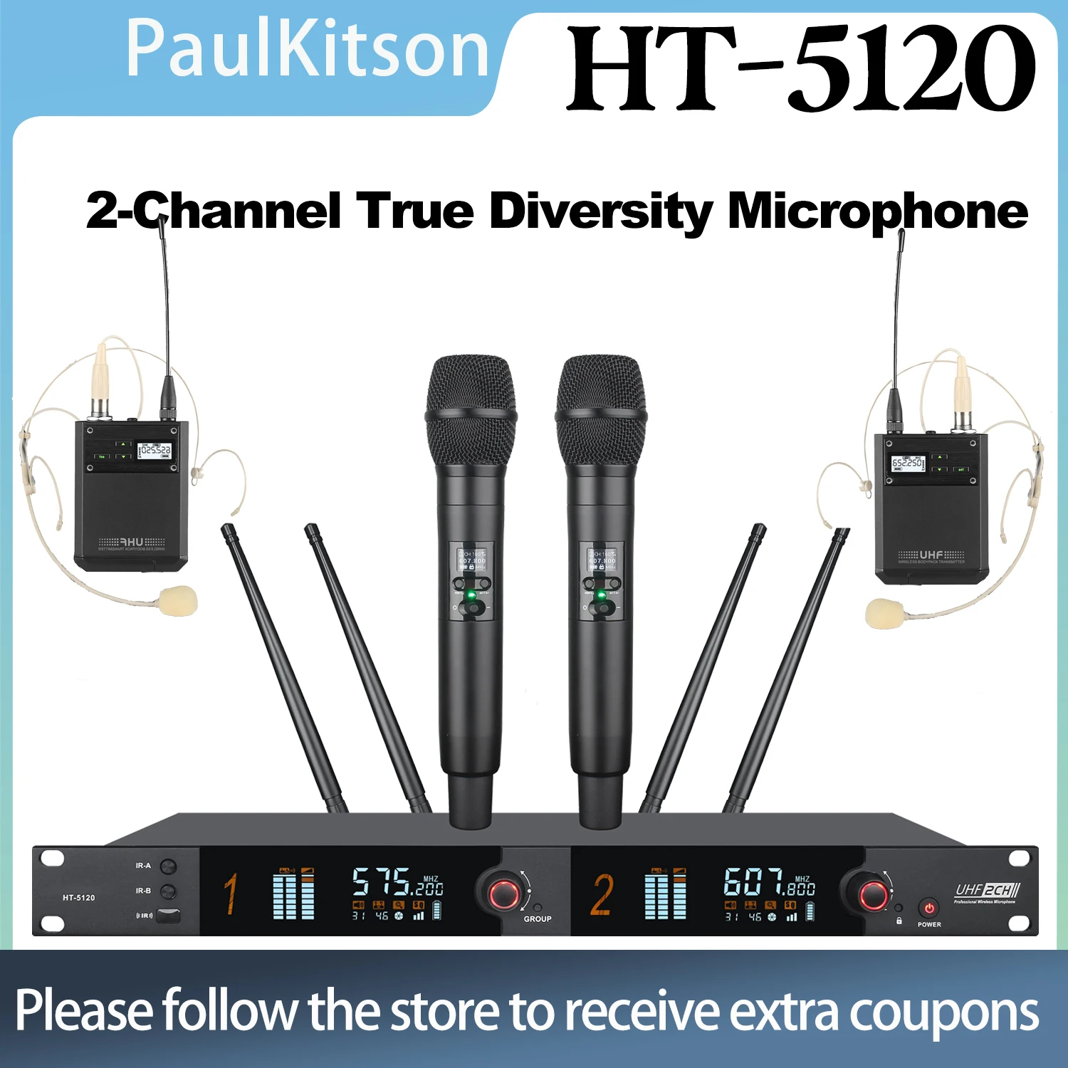 Paulkitson HT-5120 Professional 2-channel True Diversity Wireless Microphone 564~615MHz Stage Performance Handheld Microphone