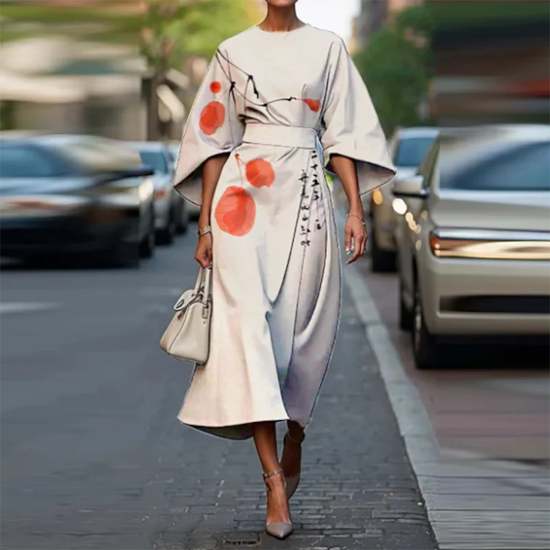 أنيقة طاقم الياقة شريط طباعة فستان طويل عادية المرأة مطوي فستان الحفلات الربيع خمر مطبوعة Batwing كم تخفيف فستان #1